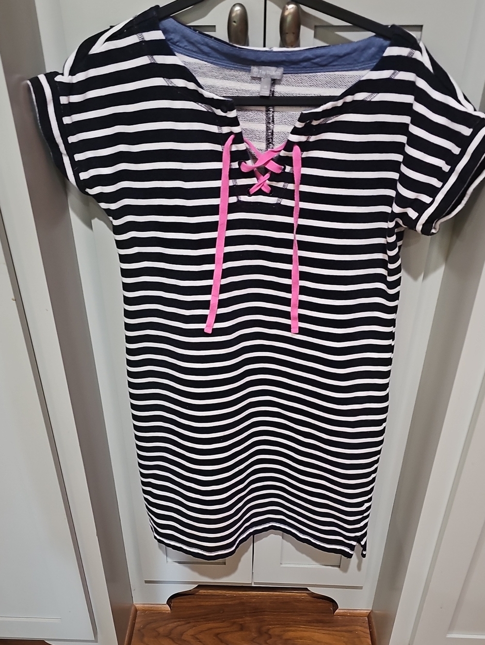 Talbots Saltwater Black and White Striped Dress with Pink Lace-Up